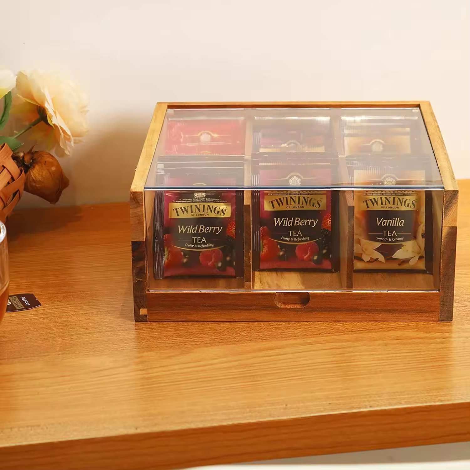 Hot Selling Wholesale Acacia Wood Tea Box 6 Compartment Tea Bag Organizer Storage Box with Acrylic Lid