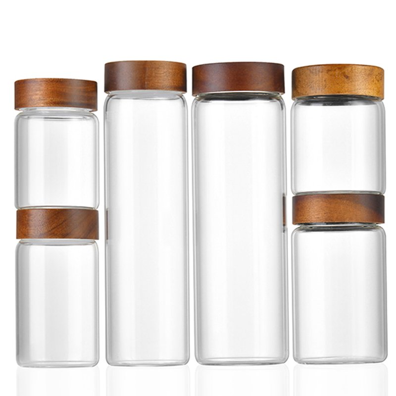 Wholesale Spot High Borosilicate 140ml 180ml 250ml 280ml 300ml 360ml 400ml 520ml food storage glass jar with Acacia Wood Lid