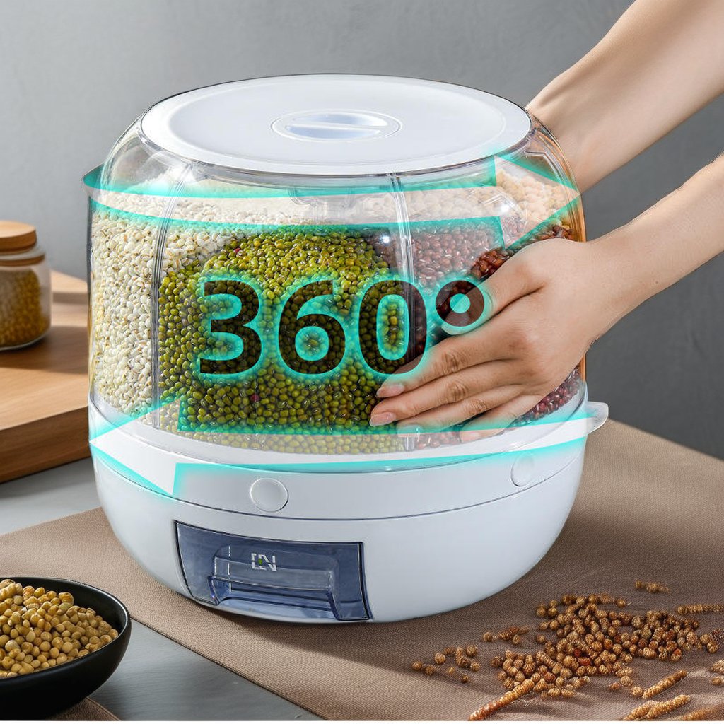 Round Rice Cereal Grain Dispenser 6 Compartment Dry Food Storage Container for Kitchen Rotating Plastic 6 in 1 Carton 6kg/10kg