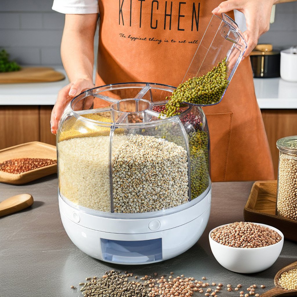 Round Rice Cereal Grain Dispenser 6 Compartment Dry Food Storage Container for Kitchen Rotating Plastic 6 in 1 Carton 6kg/10kg