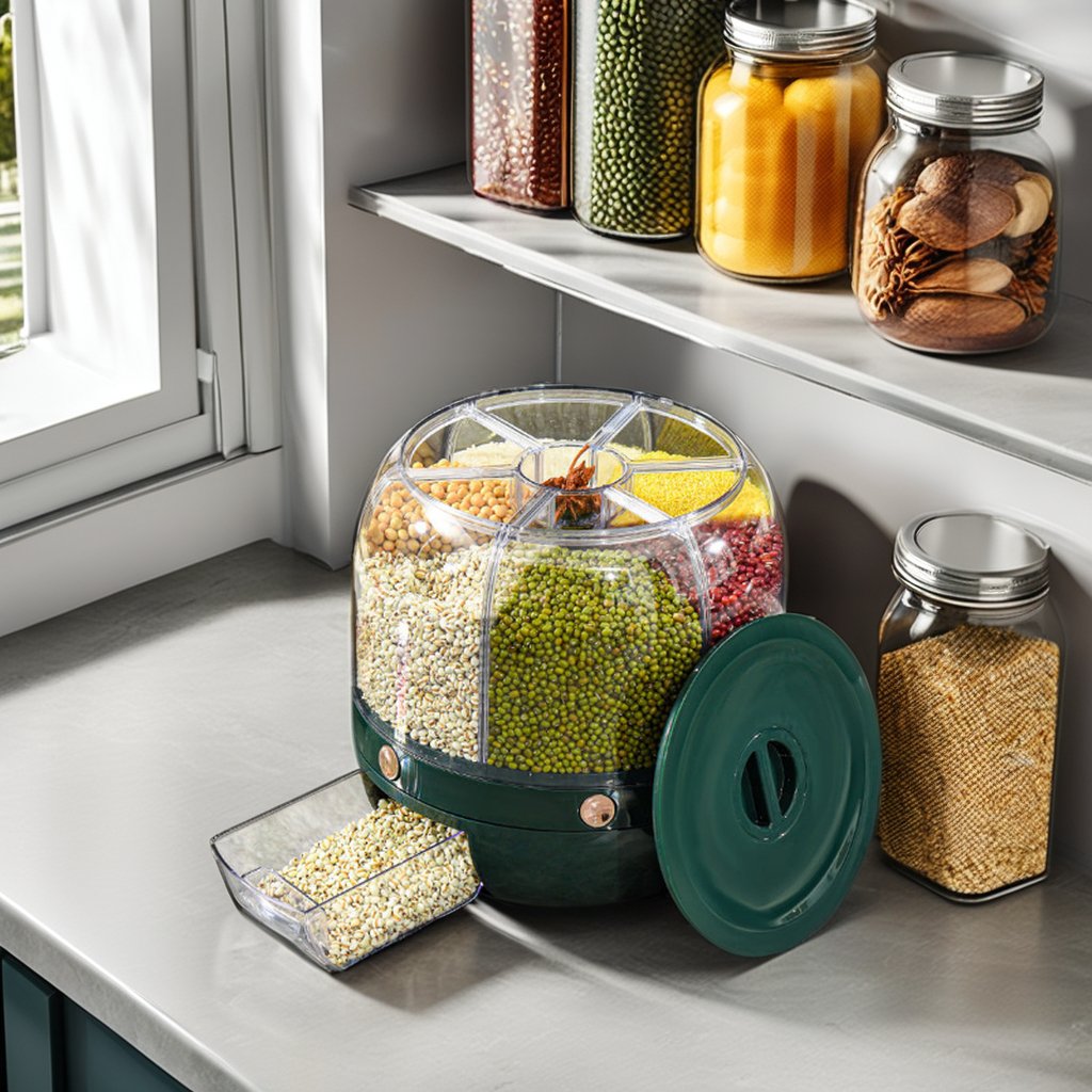 Round Rice Cereal Grain Dispenser 6 Compartment Dry Food Storage Container for Kitchen Rotating Plastic 6 in 1 Carton 6kg/10kg