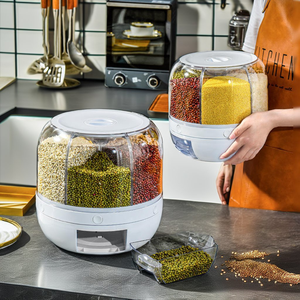 Round Rice Cereal Grain Dispenser 6 Compartment Dry Food Storage Container for Kitchen Rotating Plastic 6 in 1 Carton 6kg/10kg