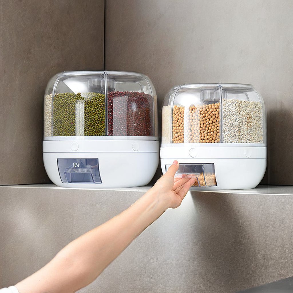 Round Rice Cereal Grain Dispenser 6 Compartment Dry Food Storage Container for Kitchen Rotating Plastic 6 in 1 Carton 6kg/10kg