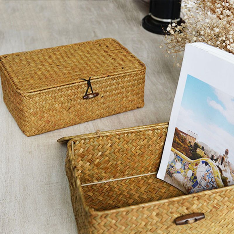 S/3 Seagrass Storage Baskets With Lids Woven Rectangular Basket Bins Storage Box Collection Basket Bamboo Straw Collection Box