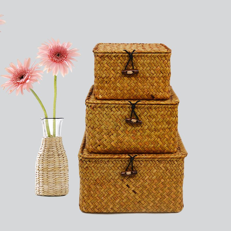 S/3 Seagrass Storage Baskets With Lids Woven Rectangular Basket Bins Storage Box Collection Basket Bamboo Straw Collection Box