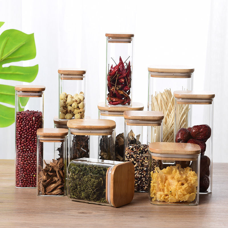 New arrival Square 500ML 800ML 1200ML 1500ML Borosilicate glass food storage jar for kitchen use with air tight bamboo lid