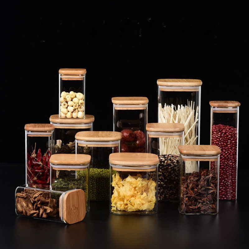 New arrival Square 500ML 800ML 1200ML 1500ML Borosilicate glass food storage jar for kitchen use with air tight bamboo lid