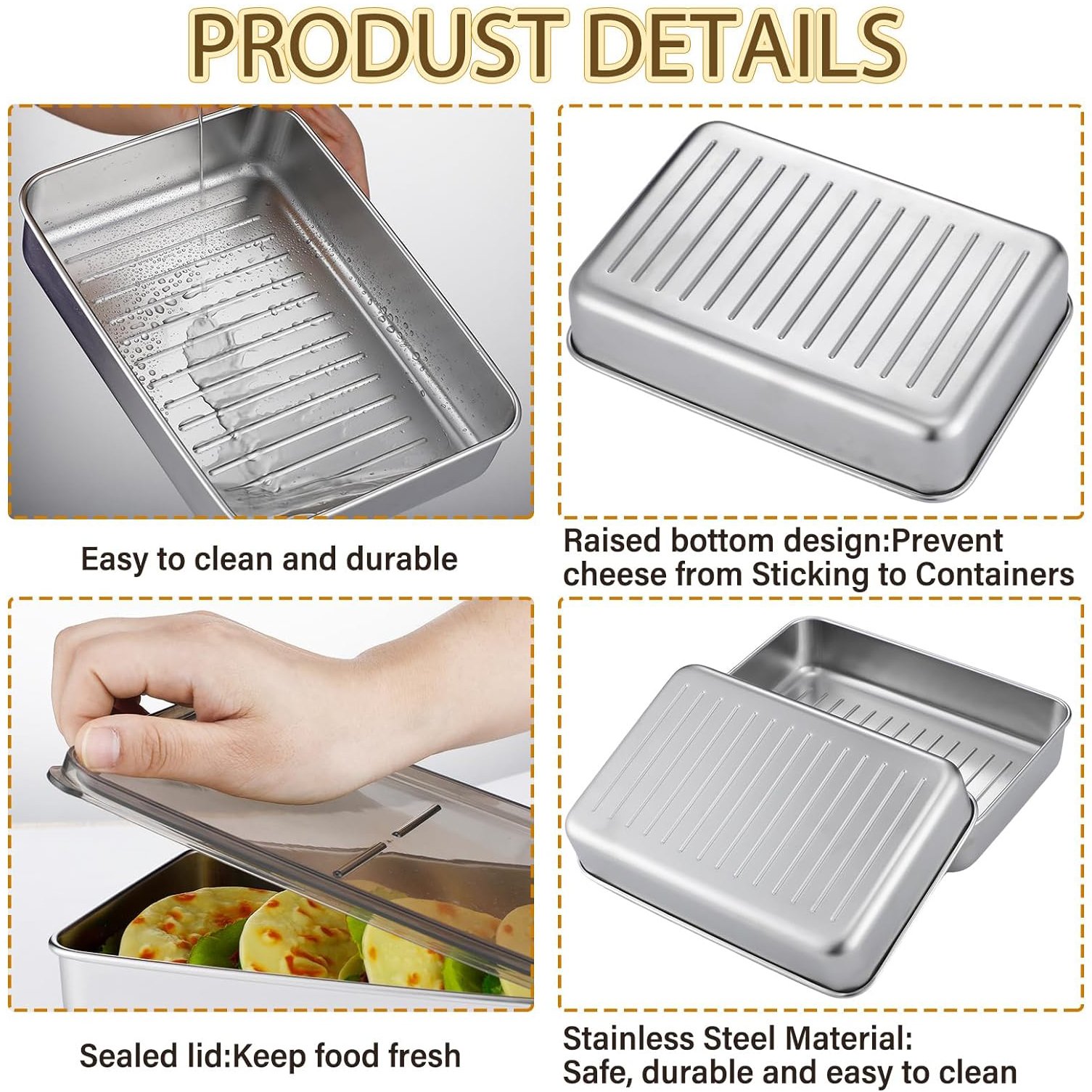 Multifunction Airtight Cheese Bacon Container Metal Dumpling Box Stainless Steel Food Storage Container with Clear Lid
