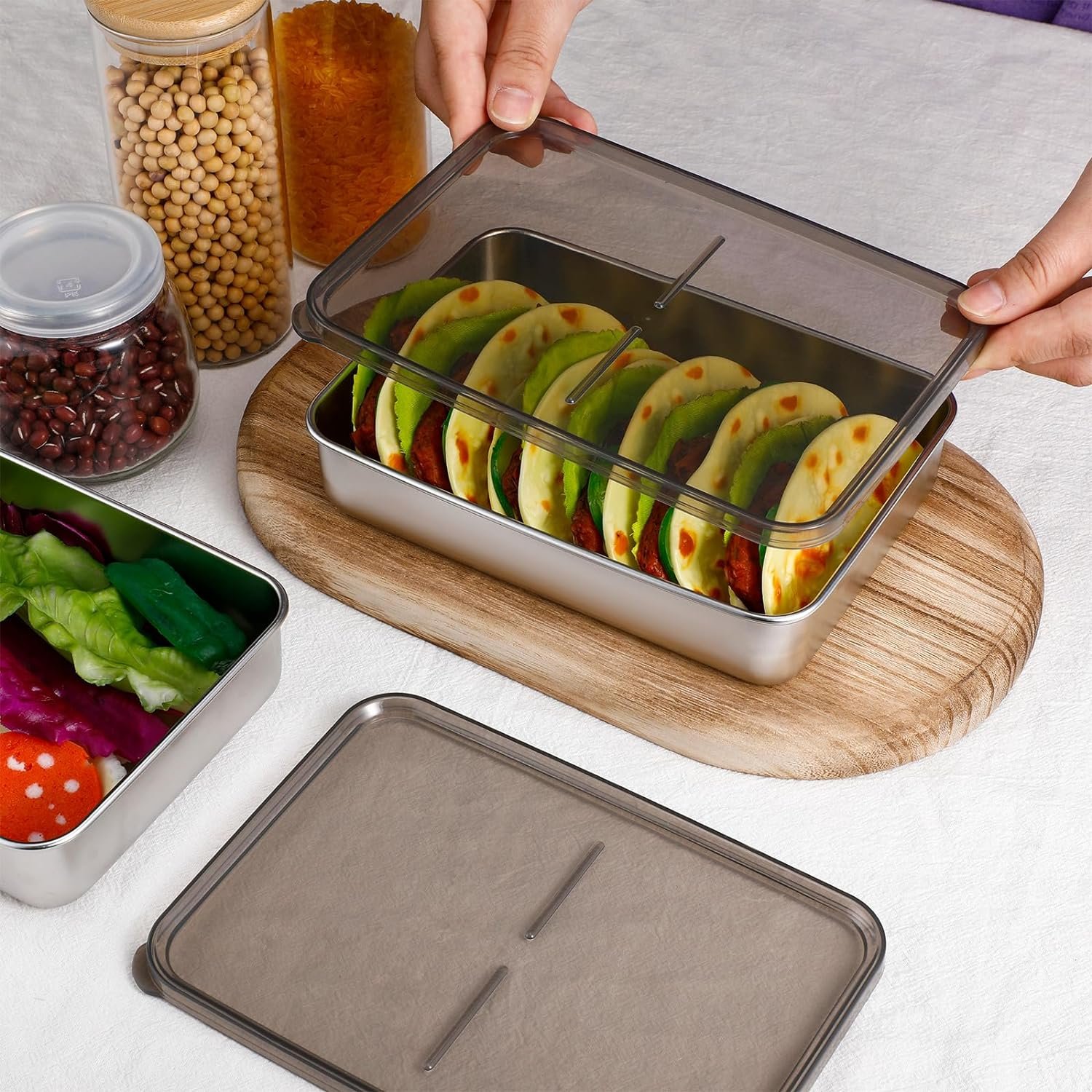 Multifunction Airtight Cheese Bacon Container Metal Dumpling Box Stainless Steel Food Storage Container with Clear Lid