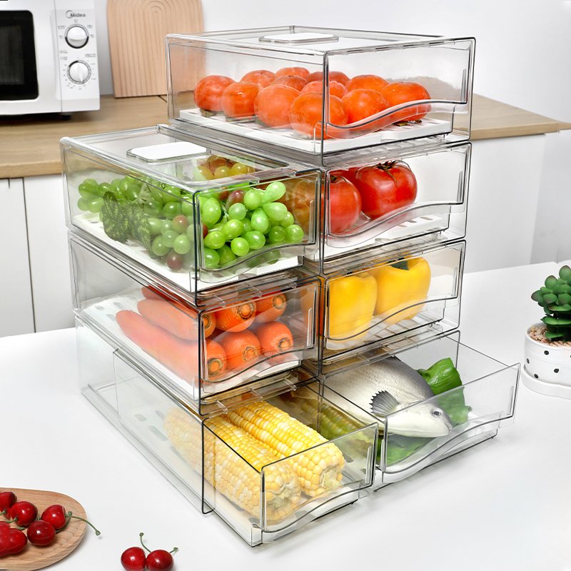 Fridge Drawer Reusable Food Storage Container Stackable Refrigerator Organizer Bins With Drain Board Air Hole