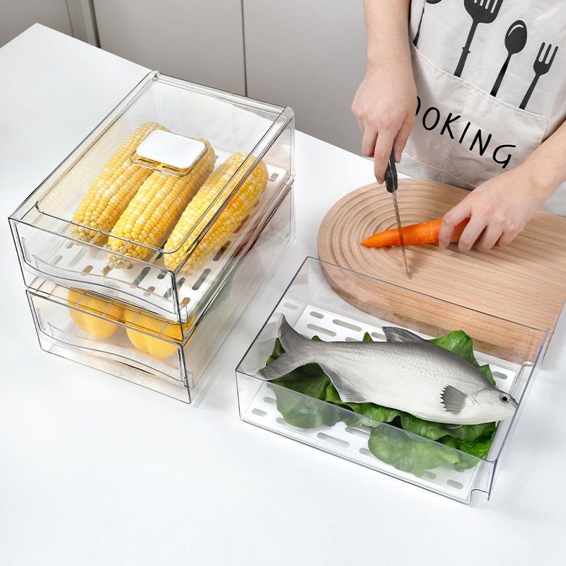 Fridge Drawer Reusable Food Storage Container Stackable Refrigerator Organizer Bins With Drain Board Air Hole
