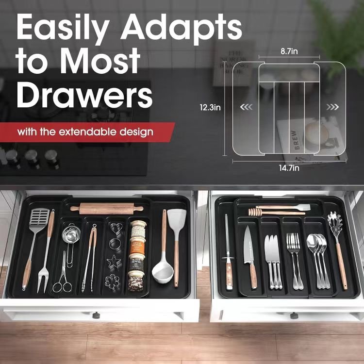Expandable Cooking Utensil Tray Extended Tableware Storage Box Kitchen Shrink Storage Tray plastic material Drawers Organizer