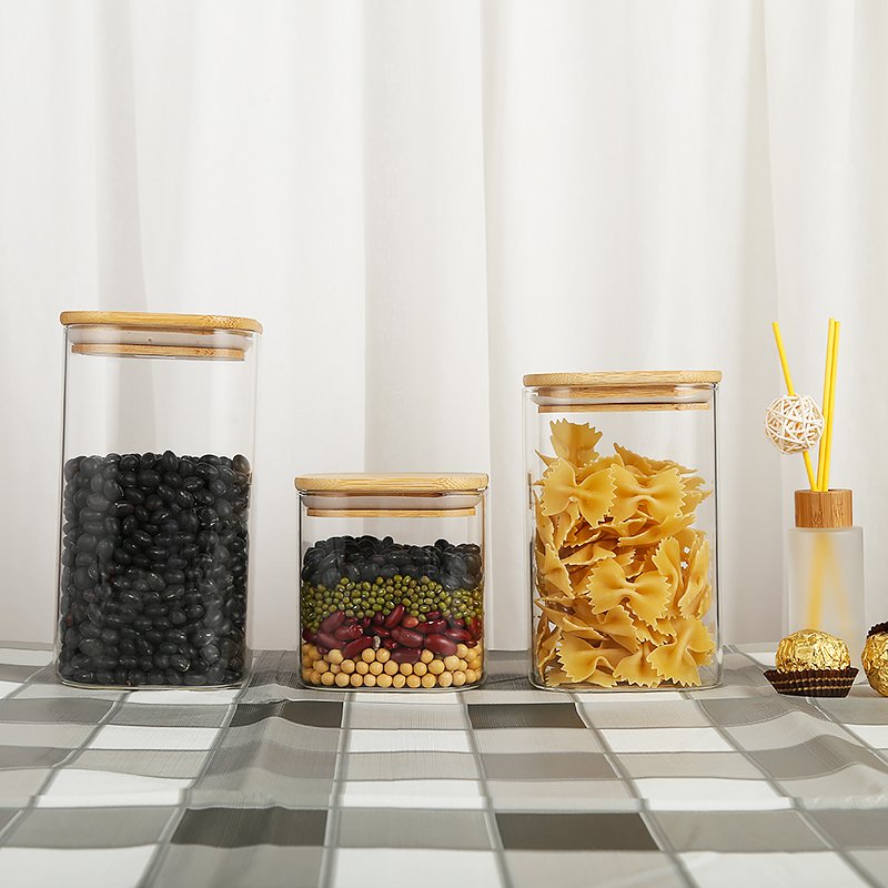 Custom Packing Round Square Air Tight Glass Dried Fruit Pasta Food Storage Containers Jars With Bamboo Lids