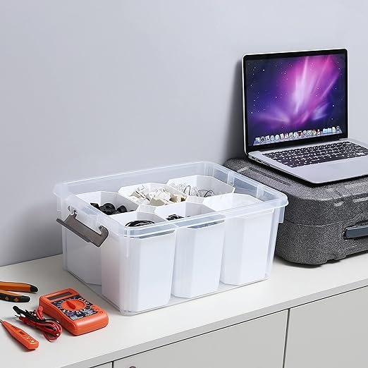 Plastic Storage Bins with 6 Detachable Inserts Clear Storage Box with Lids Multipurpose Stackable Storage Bins for Organizing To