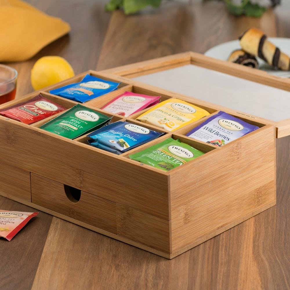 Wholesale Natural Bamboo Tea Box Storage Organizer With Small Drawer,Living Bamboo Wooden Tea Box Organizer Storage With Drawer