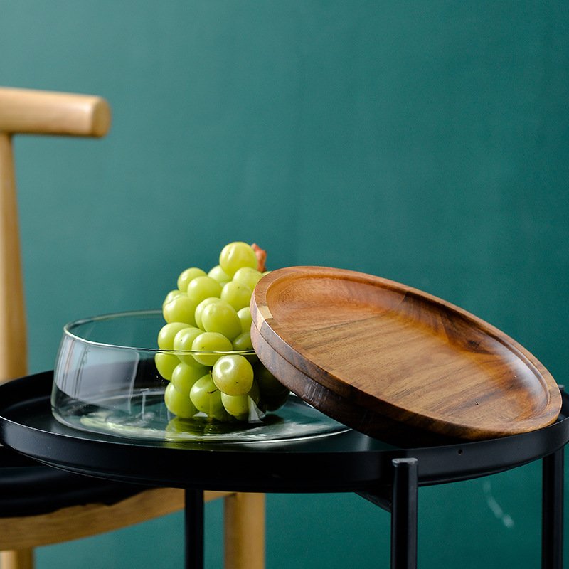 Candy Storage Box Fruit Tray With Wooden Lid For Home Kitchen Glass Bowl Wood Plate Fruit Nut Dried Glass Storage Box Container