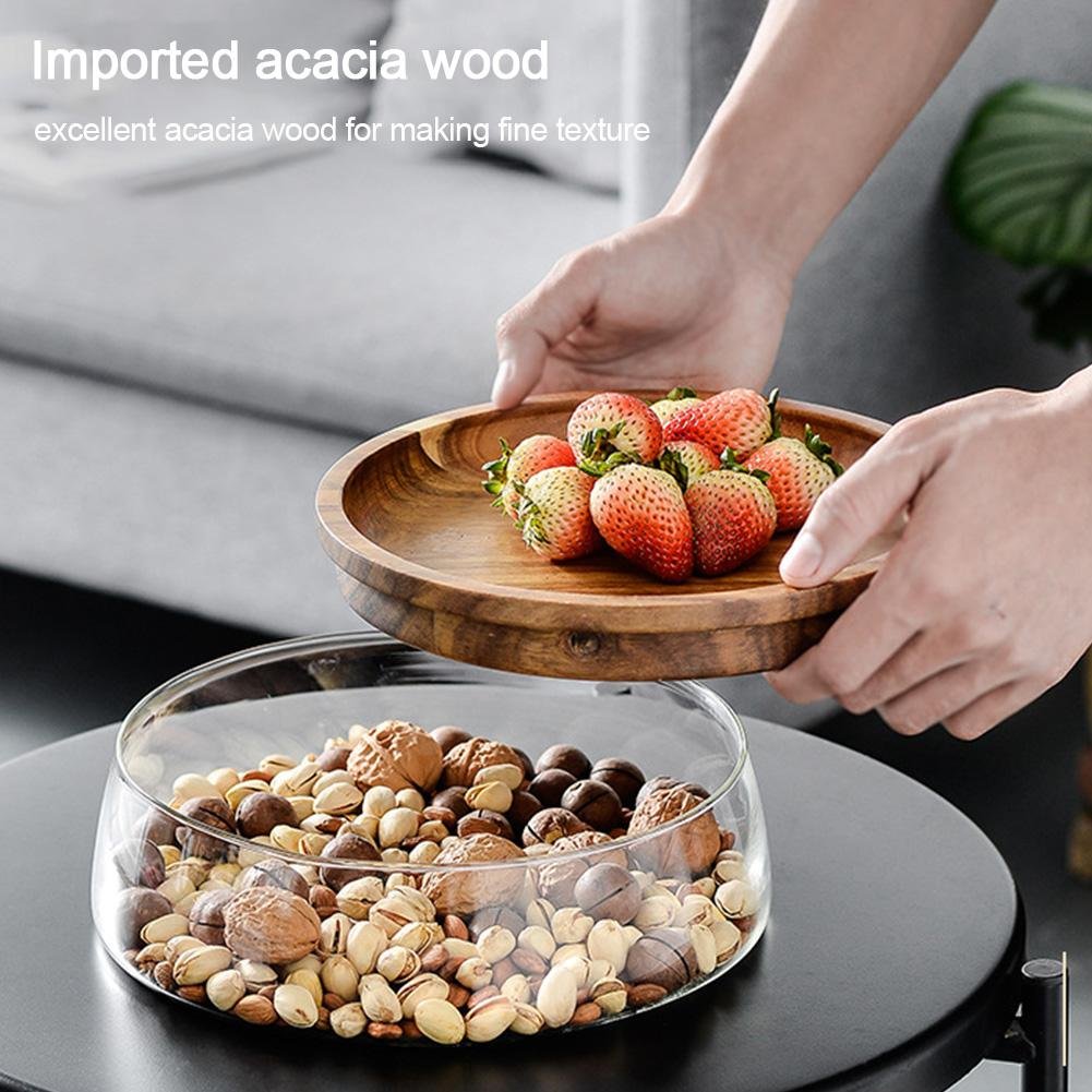 Candy Storage Box Fruit Tray With Wooden Lid For Home Kitchen Glass Bowl Wood Plate Fruit Nut Dried Glass Storage Box Container