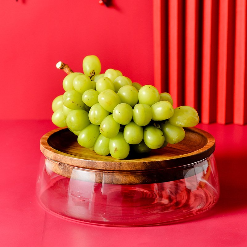 Candy Storage Box Fruit Tray With Wooden Lid For Home Kitchen Glass Bowl Wood Plate Fruit Nut Dried Glass Storage Box Container