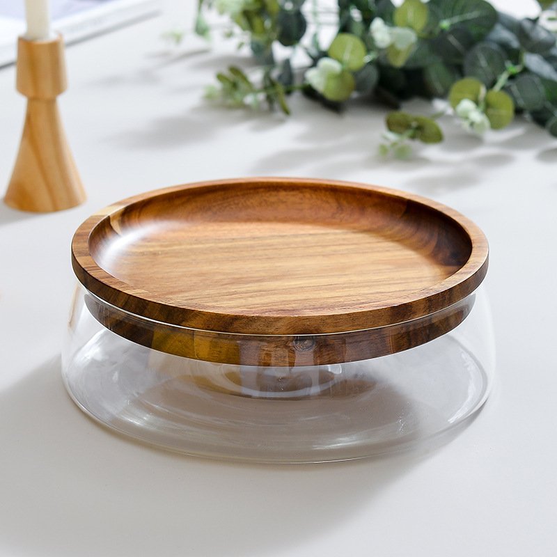 Candy Storage Box Fruit Tray With Wooden Lid For Home Kitchen Glass Bowl Wood Plate Fruit Nut Dried Glass Storage Box Container