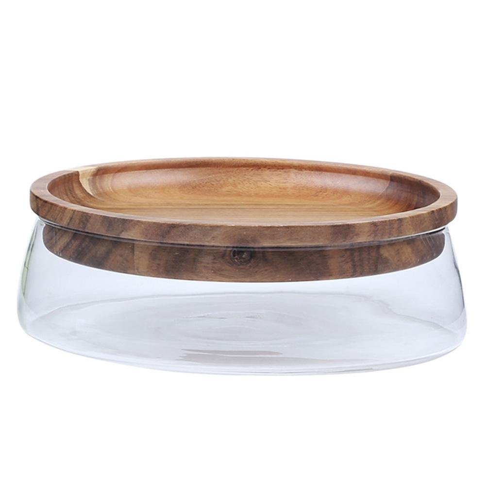 Candy Storage Box Fruit Tray With Wooden Lid For Home Kitchen Glass Bowl Wood Plate Fruit Nut Dried Glass Storage Box Container
