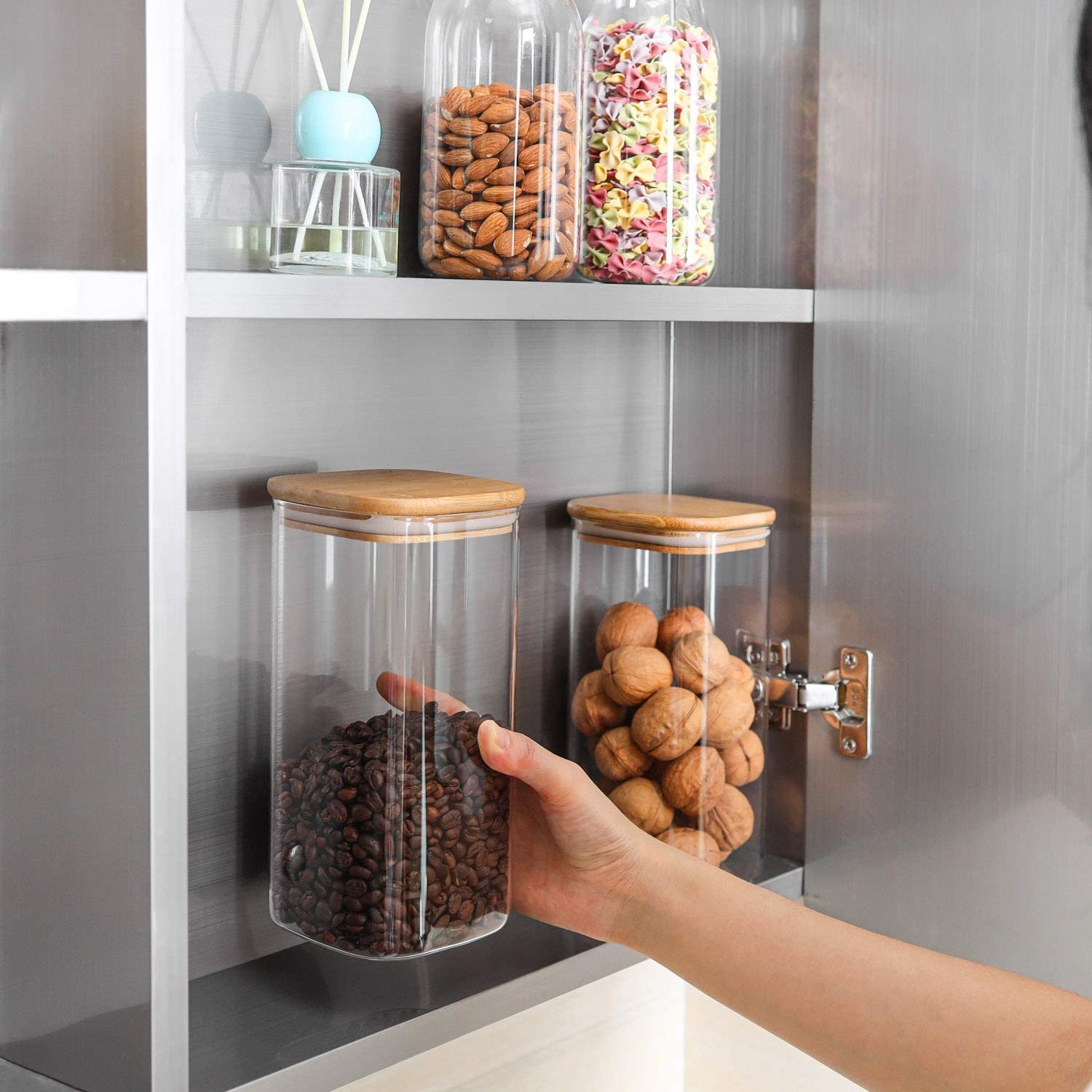 50oz Airtight Square Glass Storage Canister with Wood Lid Clear Food Storage Container Jar with Sealing Bamboo Lid