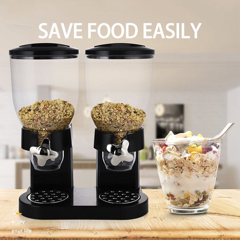 Orderly Transparent Grains Cereal Bucket Dispenser Black 2Grids Customized Snack Dispenser Dry Food storage