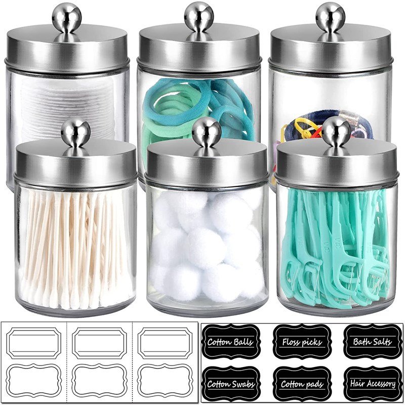 Jars Bathroom Storage Organizer - Cute Qtip Dispenser Holder Vanity Canister Jar Glass with Lid for Cotton Swabs