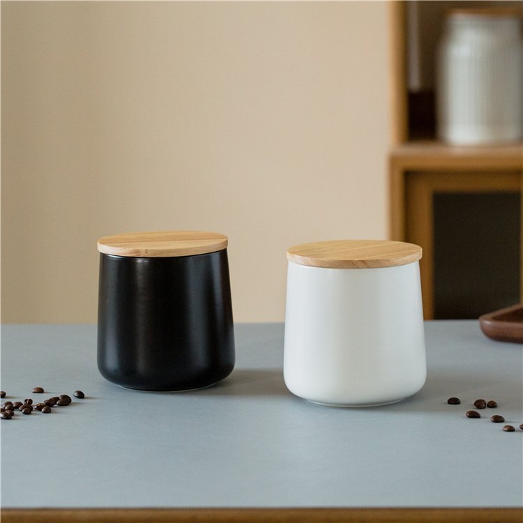 durable custom logo kitchen accessories nordic matte empty tea coffe sugar airtight ceramic food canister with wood lid