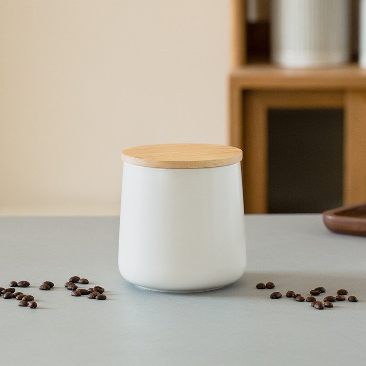 durable custom logo kitchen accessories nordic matte empty tea coffe sugar airtight ceramic food canister with wood lid