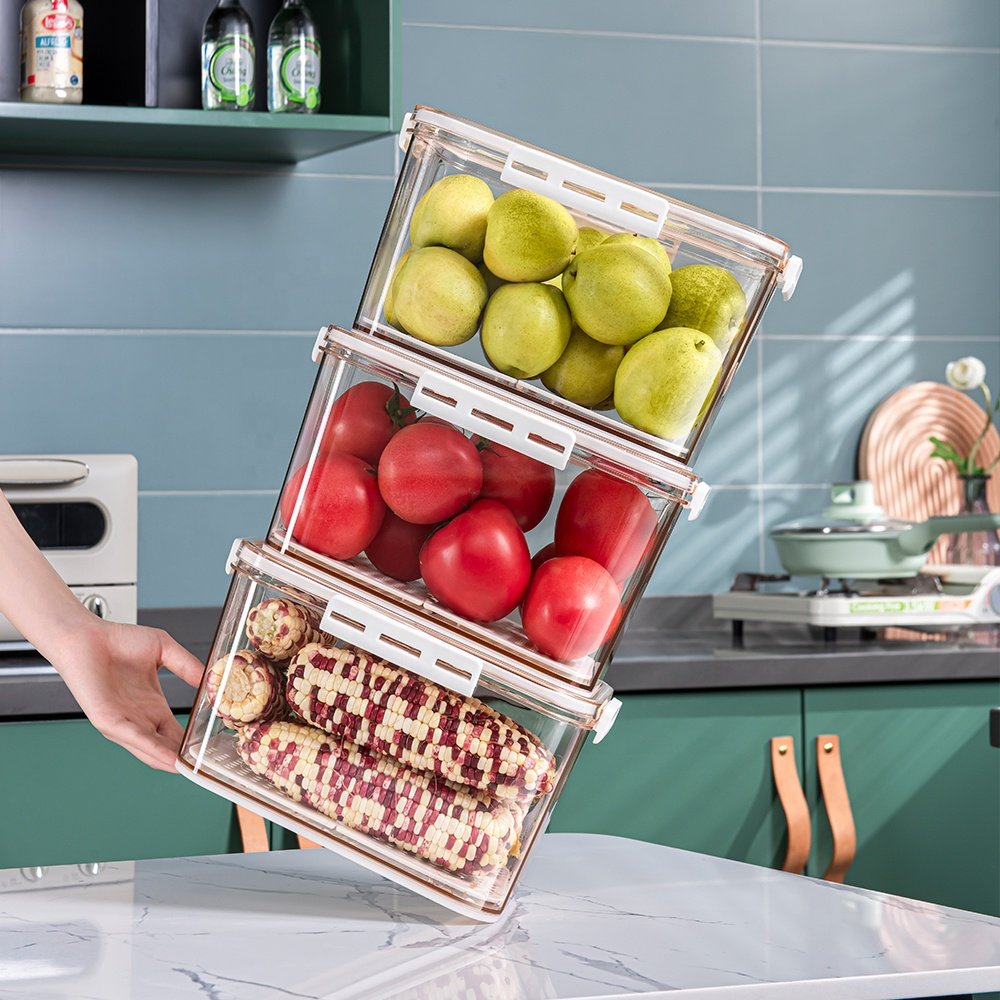 Kitchen Plastic Crisper Airtight Stackable Food Containers Crisper Clear Fridge Storage Box For Fridge Container With Lid