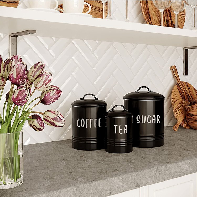 Metal Kitchen Food Coffee Tea Sugar Storage Box Canister Set