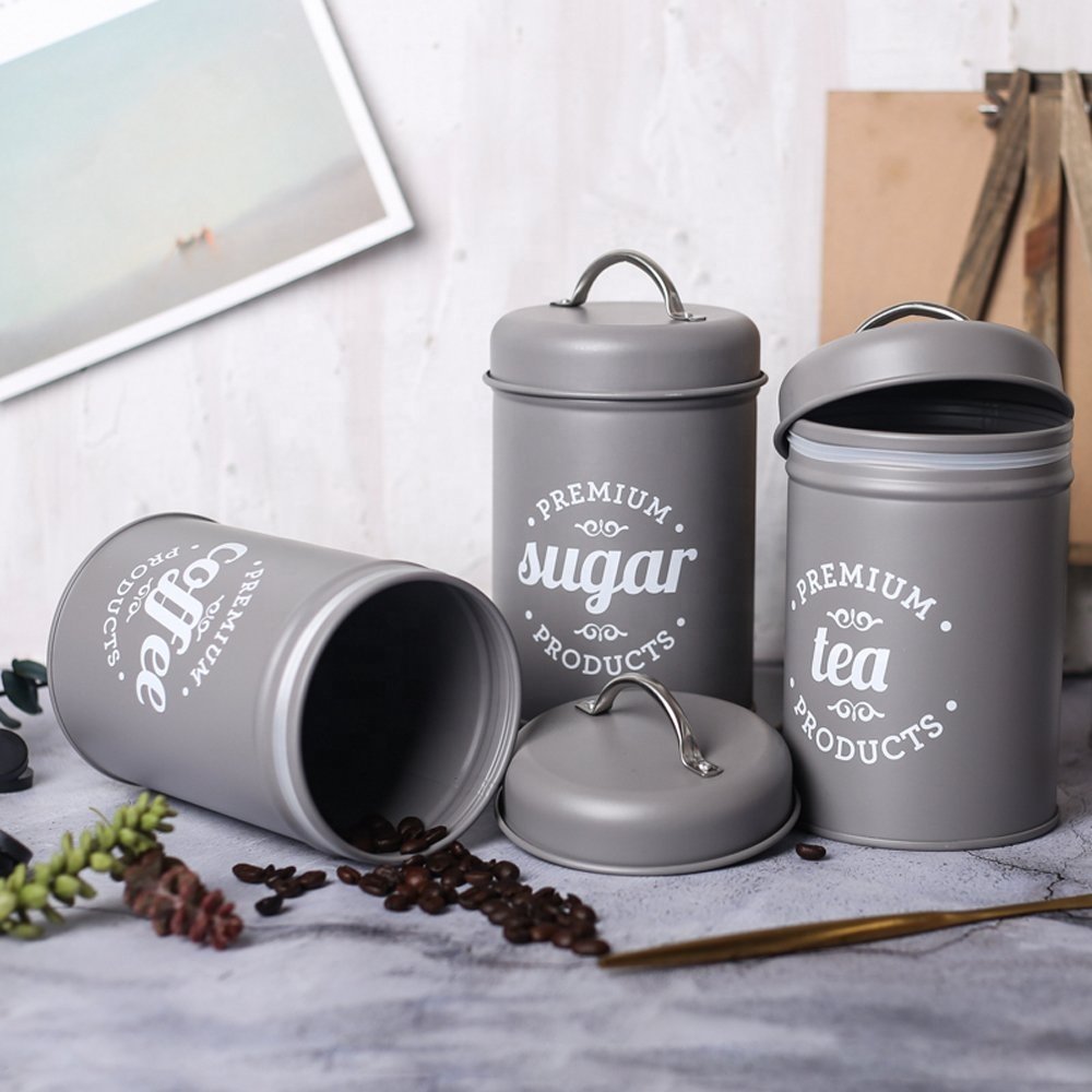 Metal Cream 3-Piece Vintage Retro Food Storage Coffee Sugar Tea Kitchen Canister Metal Canisters Set With Bamboo Lid