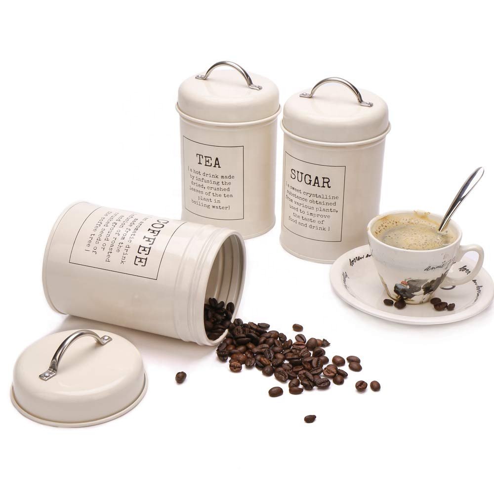 Metal Cream 3-Piece Vintage Retro Food Storage Coffee Sugar Tea Kitchen Canister Metal Canisters Set With Bamboo Lid