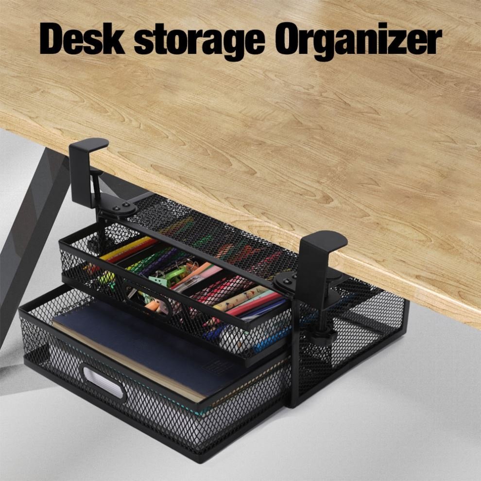 Desk Storage Box Organizer Iron Pallet Storage Basket with Sliding Drawer Cable Management for Office Use