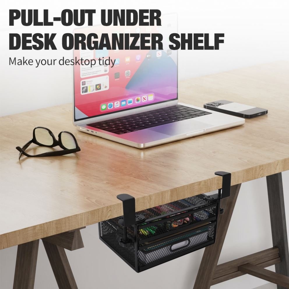 Desk Storage Box Organizer Iron Pallet Storage Basket with Sliding Drawer Cable Management for Office Use