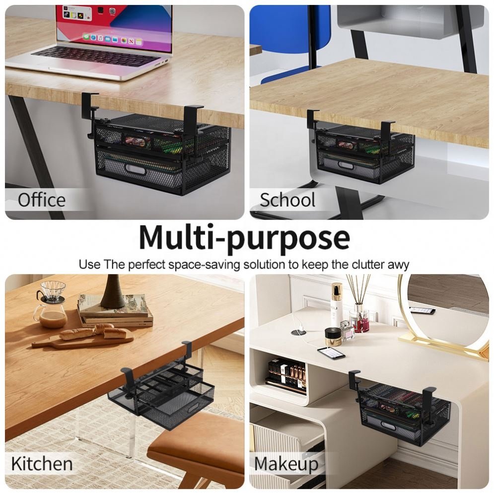 Desk Storage Box Organizer Iron Pallet Storage Basket with Sliding Drawer Cable Management for Office Use
