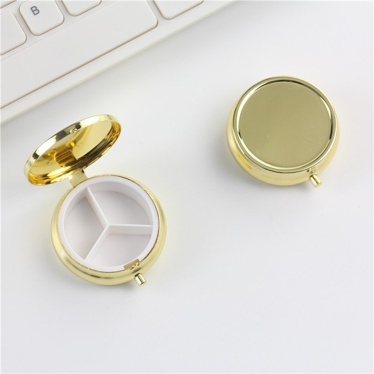Small Golden Stainless Steel Zinc Alloy Round Metal Pill Box Easy to Carry Accept Custom Storage Box