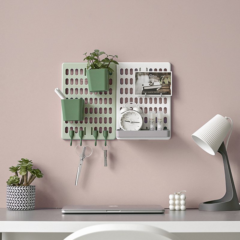 E011 Home Wall Hanger Hole Board Organizer Rack Plastic Tray Box Hooks Self Adhesive Kitchen Wall Mounted Shelf Rack Set