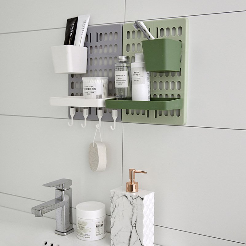 E011 Home Wall Hanger Hole Board Organizer Rack Plastic Tray Box Hooks Self Adhesive Kitchen Wall Mounted Shelf Rack Set