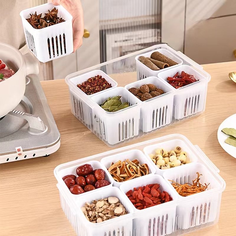 Food Storage Containers with Lids 6 Removable Divided Veggie Tray Snack Box Fridge Clear Compartment Stackable Produce Saver