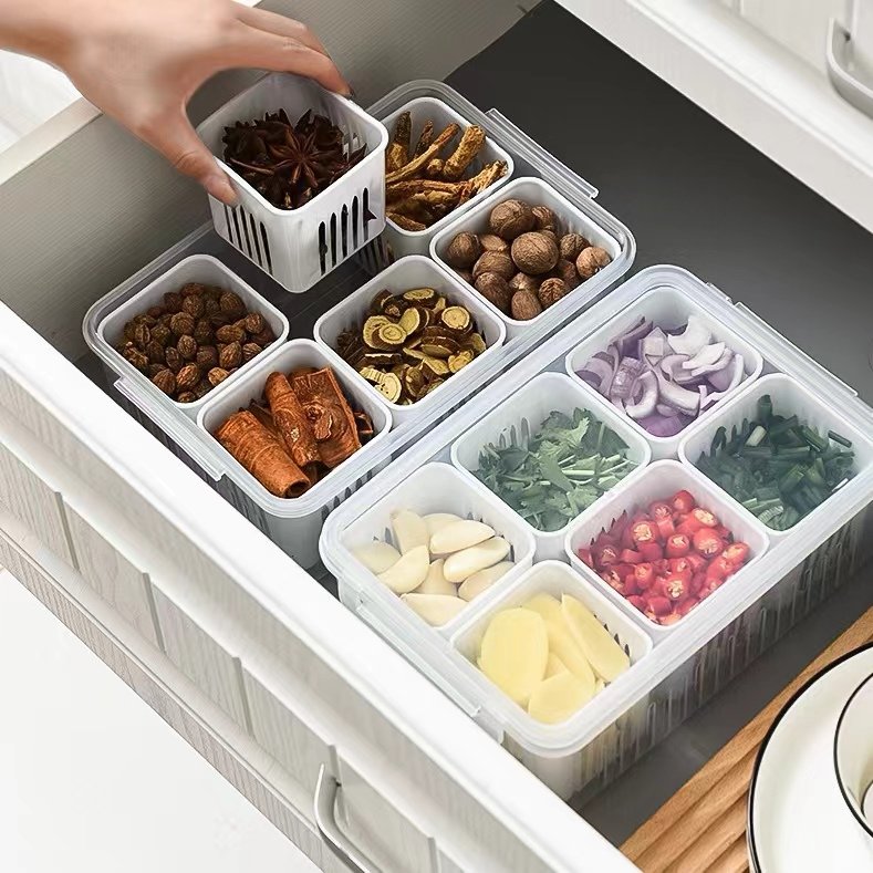 Food Storage Containers with Lids 6 Removable Divided Veggie Tray Snack Box Fridge Clear Compartment Stackable Produce Saver