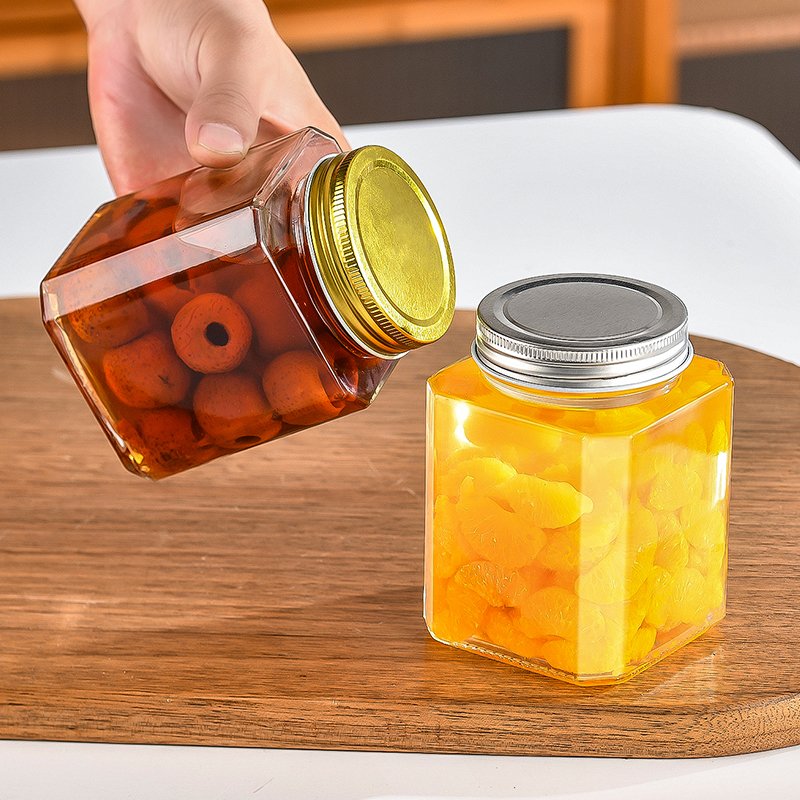Wholesale 250 380 500 Gram Big Wide Mouth Honey octagon Square Food Jam Glass Storage Jar With Gold Screw cap Lids