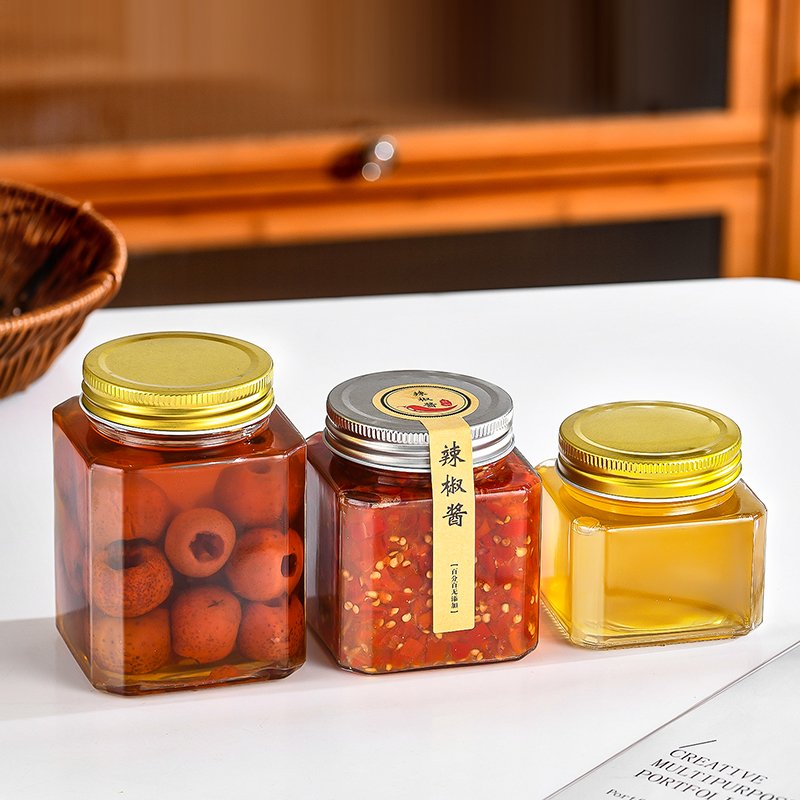 Wholesale 250 380 500 Gram Big Wide Mouth Honey octagon Square Food Jam Glass Storage Jar With Gold Screw cap Lids