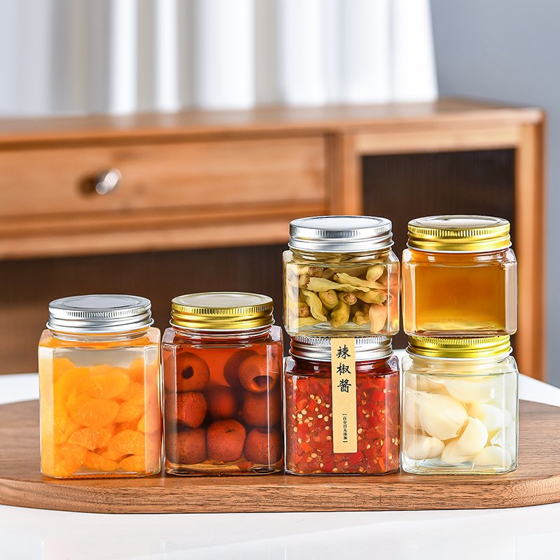 Wholesale 250 380 500 Gram Big Wide Mouth Honey octagon Square Food Jam Glass Storage Jar With Gold Screw cap Lids