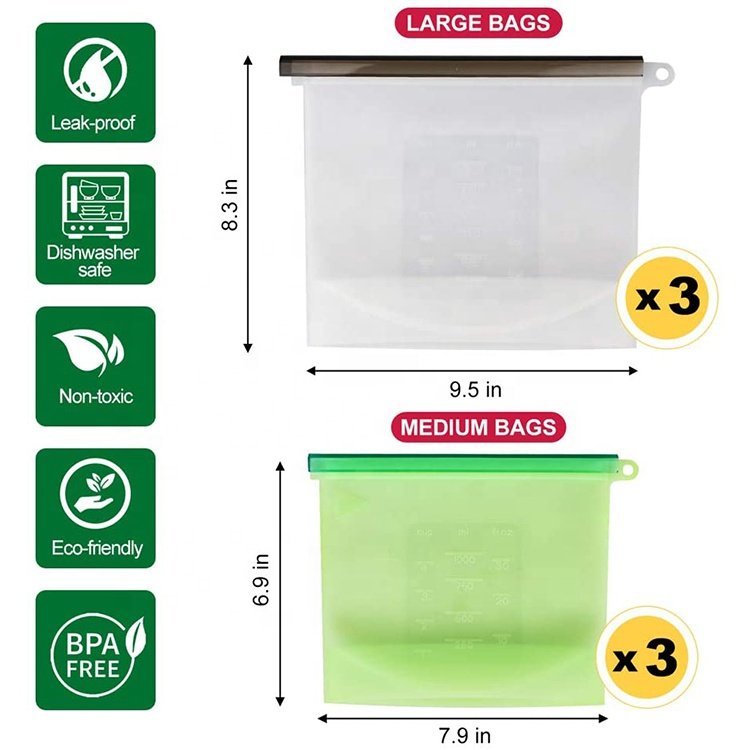 Reusable Eco Friendly Leakproof Ziplock Silicone Food Storage Bag Snack Bag for Sandwich Liquid Lunch Fruit
