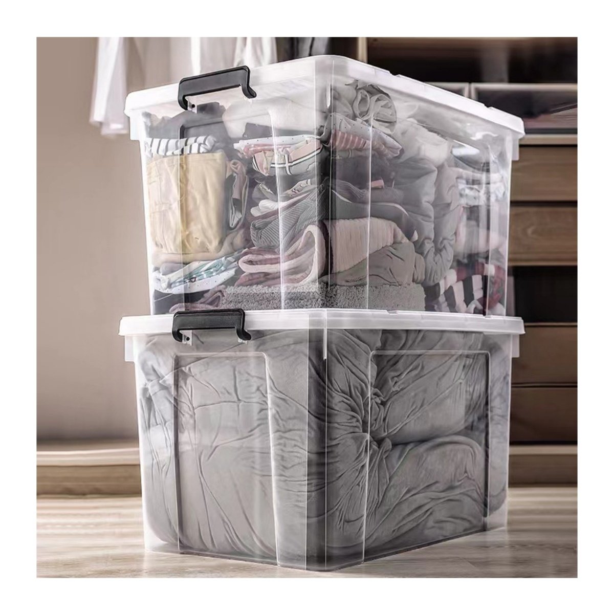 Cheap Plastic Storage Box with Handle and Wheels Latching Buckles Stackable Big Clear Multifunction Organizer Bins