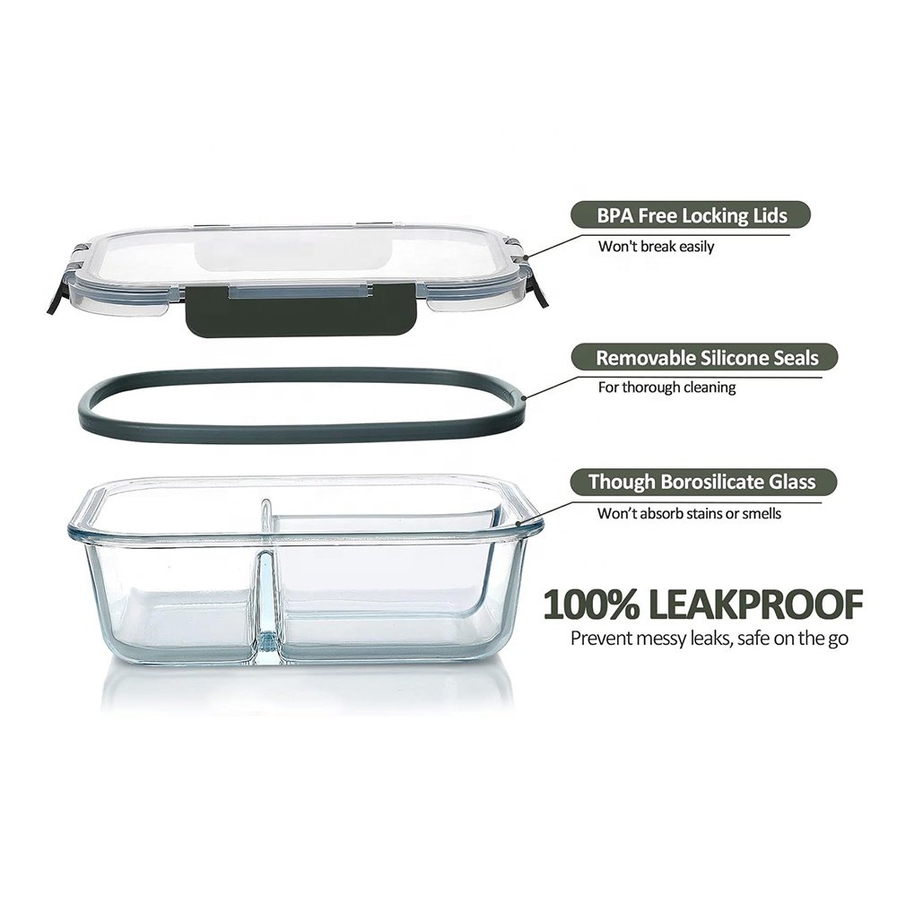 2 & 3 Compartment Glass Meal Prep Containers Leak-proof Airtight Glass Food Storage Lunch Box