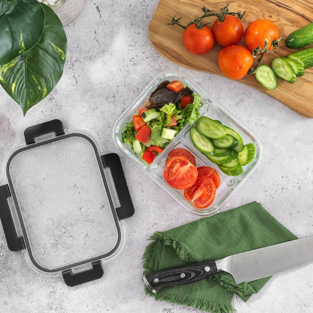 2 & 3 Compartment Glass Meal Prep Containers Leak-proof Airtight Glass Food Storage Lunch Box