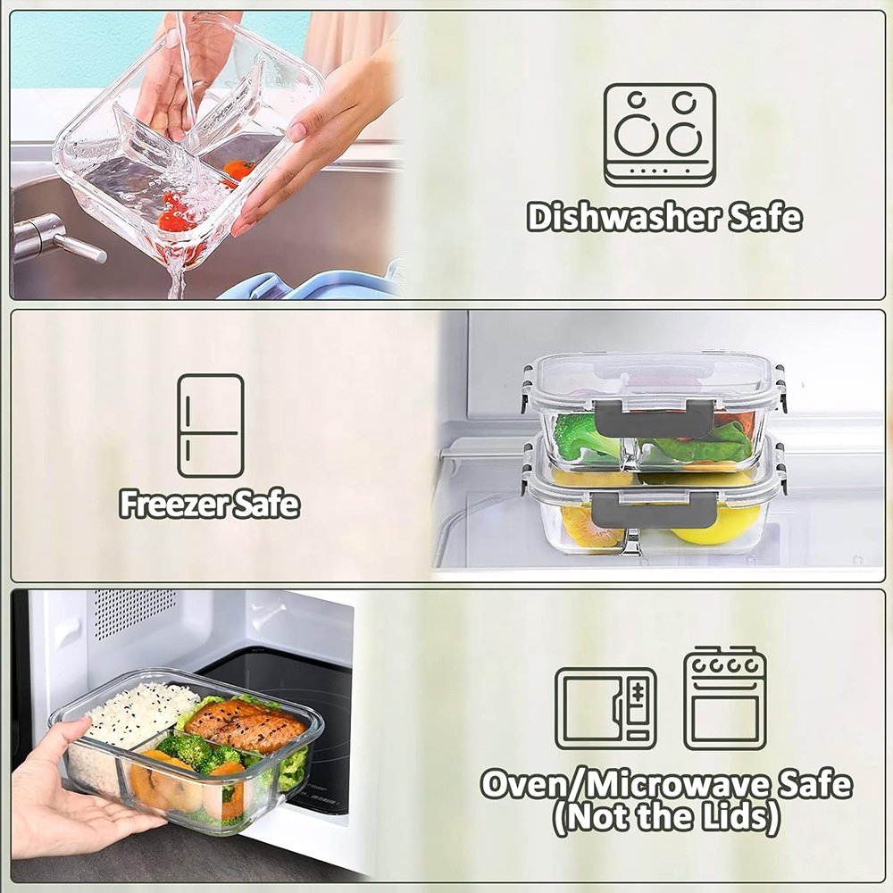 2 & 3 Compartment Glass Meal Prep Containers Leak-proof Airtight Glass Food Storage Lunch Box