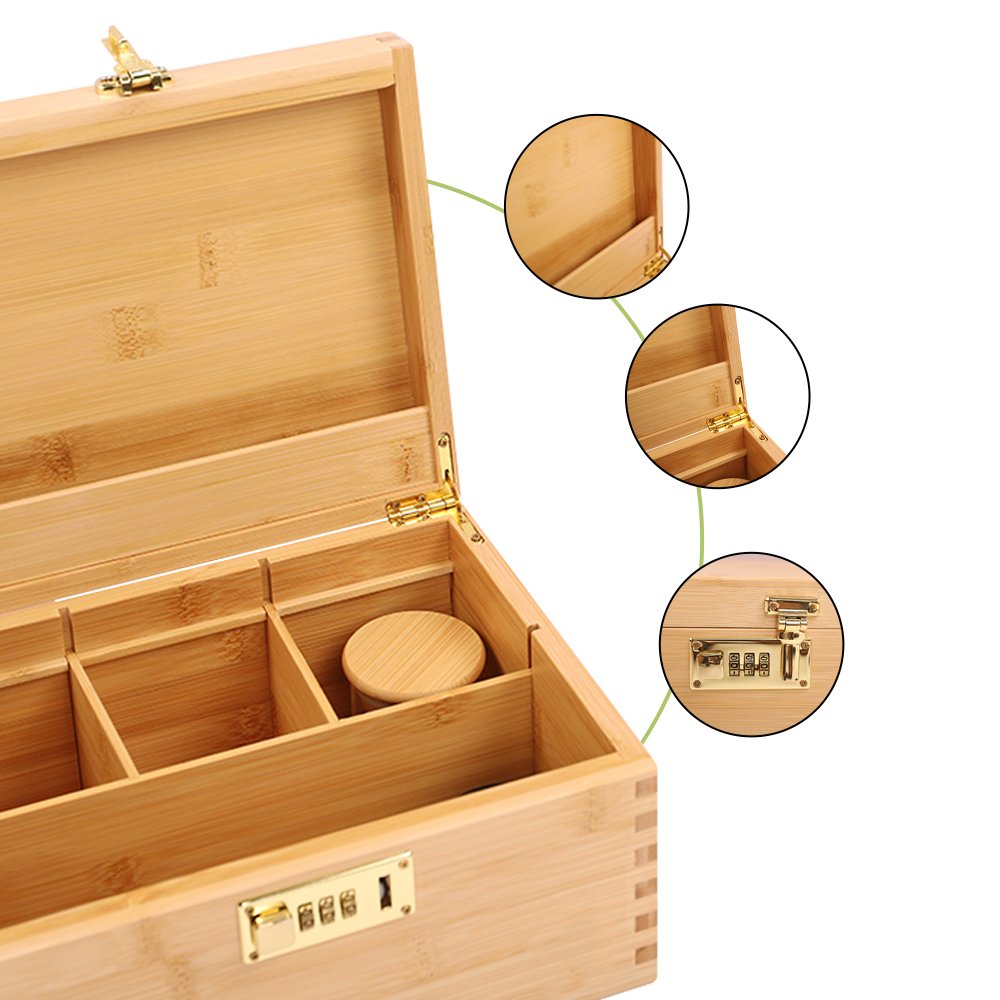 natural bamboo stash box smell proof,large wooden herb stash box set combo with rolling tray and password lock